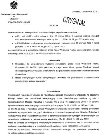 Decyzja o nadaniu numeru identyfikacyjnego gospodarstwa akwakultury — Chrustowo