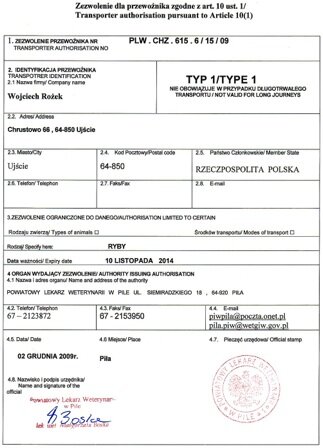 Zezwolenie dla przewoźnika zwierząt